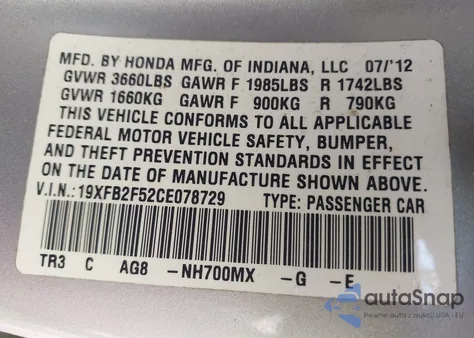 2012 Honda Civic Lx from USA, damaged, VIN 19XFB2F52CE078729